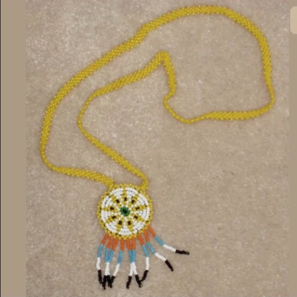 VINTAGE 1970s YELLOW BEADED SHIELD NECKLACE HANDMADE GLASS BEADS FRINGE SANTA FE